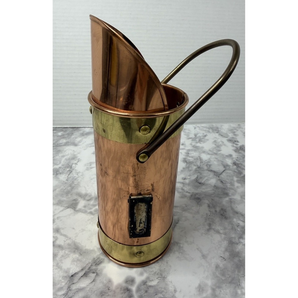 Vintage Brass & Copper Fireplace Match Holder w/ Striker Scuttle  8"x 2.5"